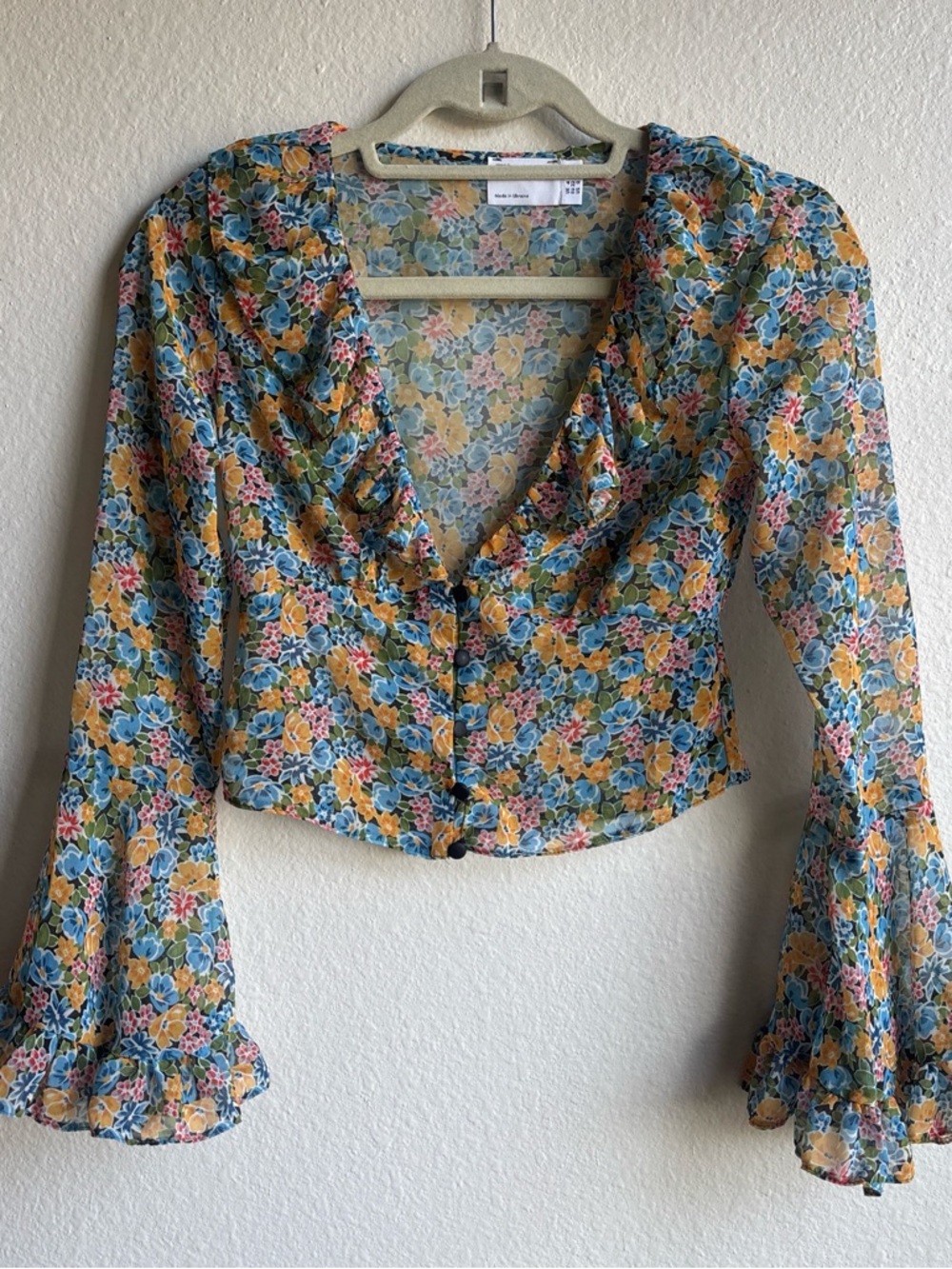 ASOS Design Fairy Whimsy Cottage Sheer Floral Ditsy Flared Sleeve Top Petite 0
